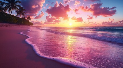 Wall Mural - Vibrant pink sunrise over tropical beach.