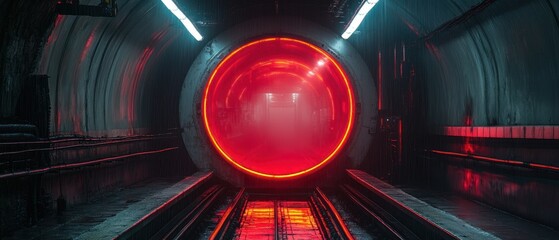 Wall Mural - A futuristic subway tunnel with a glowing red portal and misty atmosphere.