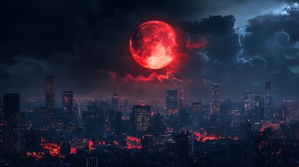 Wall Mural - glowing crimson moonlight shining over waves and a distant horizon image