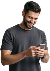 Young man smiling while browsing his phone, engaged in online chats or exploring web pages with casual ease