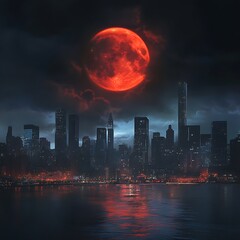 Wall Mural - glowing moon illuminating crimson waters and distant oceanic horizons at night image