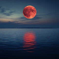 Wall Mural - crimson moon glowing softly on waves beneath dramatic oceanic horizons image