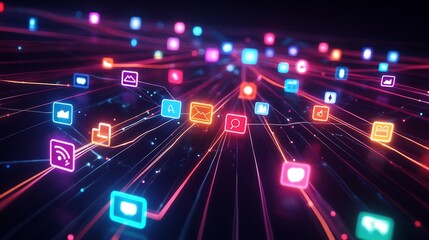 Poster - Media outreach strategy represented glowing radial line connecting vibrant medium icon across dark screen