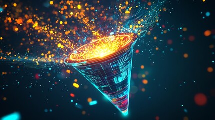 Poster - Lead generation funnel shown futuristic glowing structure vibrant energy core scattered digital element