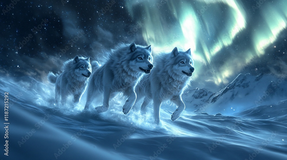 Three white wolves running through snowy mountains under aurora ...