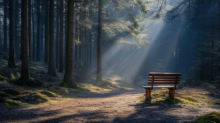 Wall Mural - Tranquil Forest Scene with Sunlight and Empty Wooden Bench
