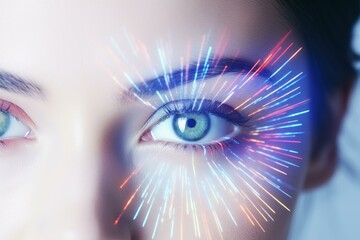 Wall Mural - close up of woman's eye with colorful light streaks radiating outwards, symbolizing futuristic visio