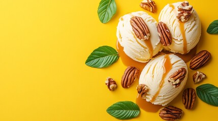 Wall Mural - Three scoops of creamy vanilla ice cream with caramel sauce and pecan nuts on a yellow background.