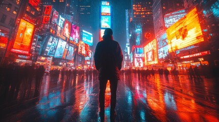 Poster - Person stands in rain; city lights reflect.