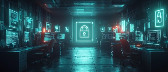 Leinwandbilder - High-Tech Cybersecurity Hub with Encrypted Data Streams and Digital Locks