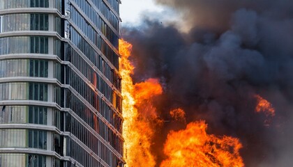 A scene of a high-rise building's exterior wall on fire, glass windows broken, red flames and black smoke rising