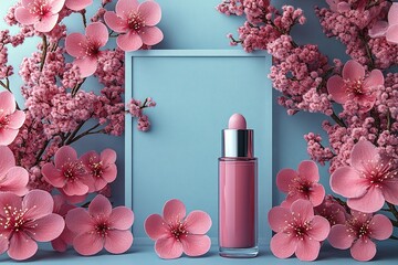 Wall Mural - Promotional flyer layout showcasing cosmetic product with floral elements and soft colors