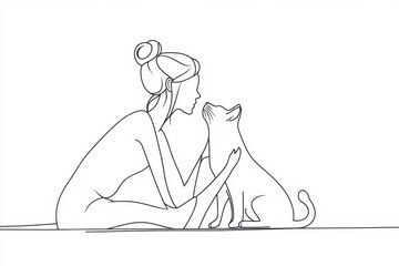One-line drawing of a woman with a dog and a cat, a simple illustration on a white background Generative AI