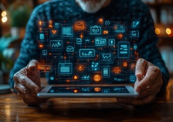Aufkleber - Senior Using Digital Tablet for E-Governance Services with Glowing Icons