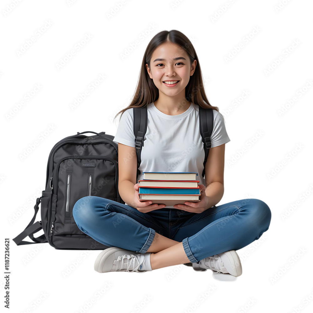 Happy Asian Student Girl Sitting with Backpack and Books, Smiling ...