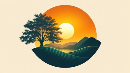 Wall Mural - Sunset landscape: tree, hills, lake, sun.