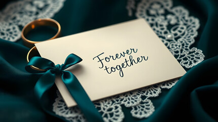 Wedding invitation card with written promises and rings on green fabric background, copy space