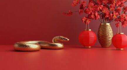Wall Mural - a minimalist design featuring a golden snake on a red table with chinese new year decorations, flowe
