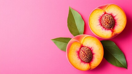 Sticker - Freshly cut peaches with vibrant colors on a pink background