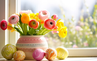 Wall Mural - Colorful spring flowers and decorated eggs create a vibrant Easter display in a sunlit room