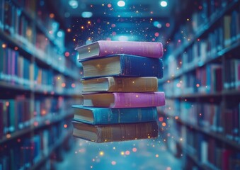Aufkleber - Surreal Floating Book Stack with Glowing Edges in a Dreamy Library Setting