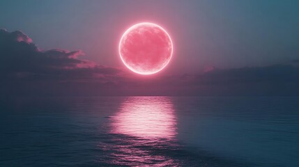 Wall Mural - radiant red moon shining above ocean waves and night’s edge image
