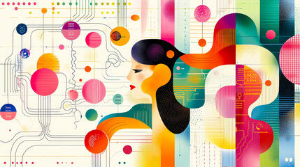 Leinwandbilder - Vibrant abstract artwork featuring a woman's profile interwoven with colorful circles and digital patterns