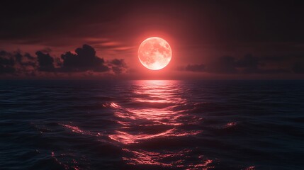 Wall Mural - glowing moon illuminating crimson waves and a dramatic ocean skyline image