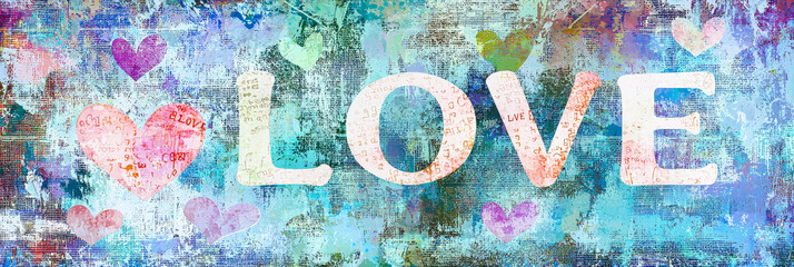 Poster - An artistic display showcases the word love in large letters, surrounded by pastel-colored hearts on a vibrant, textured background, radiating a cheerful, uplifting vibe
