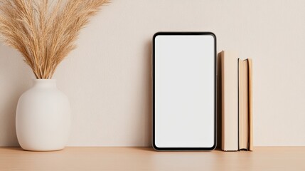 Wall Mural - modern smartphone with white blank screen for mockup design is standing on wooden table next to book