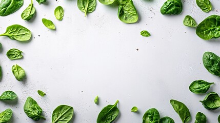 Sticker - Fresh spinach leaves arranged on a white background for a healthy meal preparation