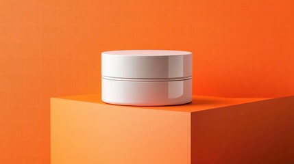 Poster - White cosmetic jar on orange cube against orange background. (1)