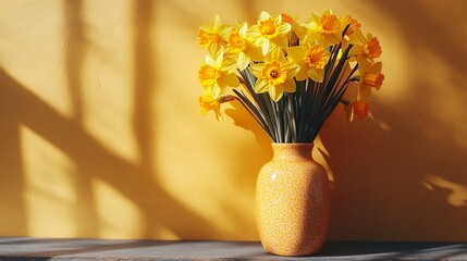 Sticker - Bright yellow daffodils in a vibrant vase against a warm wall background