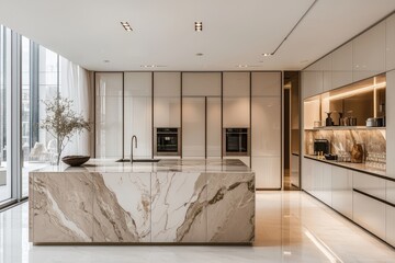 Poster - A contemporary kitchen features an elegant marble island and minimalist cabinetry, illuminated by natural light streaming through large windows