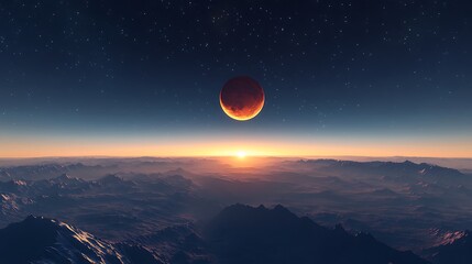 Wall Mural - radiant crimson moon glowing above waves beneath a dramatic skyline image