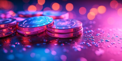 Poster - Neon-Lit Translucent Gaming Tokens on Pastel Pink Table with Surreal Glow