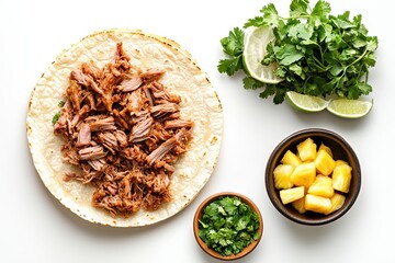 Delicious taco preparation featuring tender pulled pork, fresh cilantro, and tropical pineapple on a soft tortilla