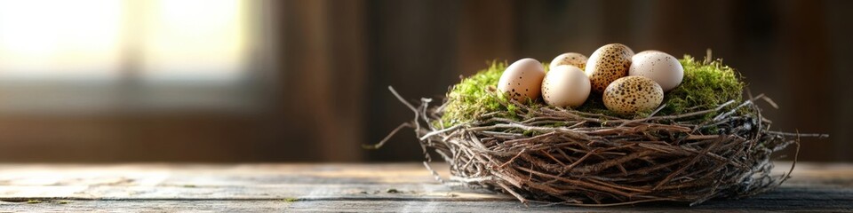 Beautiful quail eggs nestled in moss within a birds nest on rustic wooden surface