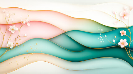 Fototapete - Gentle curves in pastel shades blend harmoniously with floral accents, providing a calming and elegant abstract background