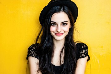 Wall Mural - Young caucasian female smiling with black hat against yellow background