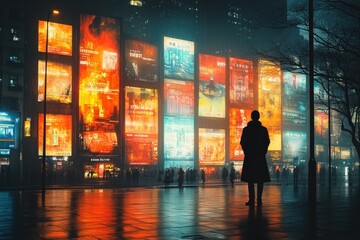 Canvas Print - Rainy night, city, glowing signs, lone figure.