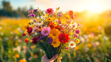 Poster - A hand holds a vibrant bouquet of wildflowers against a sunset, surrounded by a colorful field of blooming flowers in golden hour