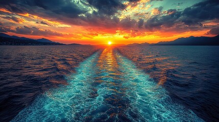 Poster - Sunset over ocean with boat wake.