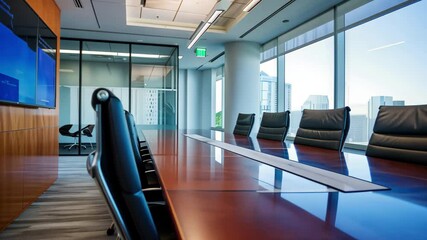 Fototapete - Modern conference room set up with large table and city view during bright daylight in high-resolution quality