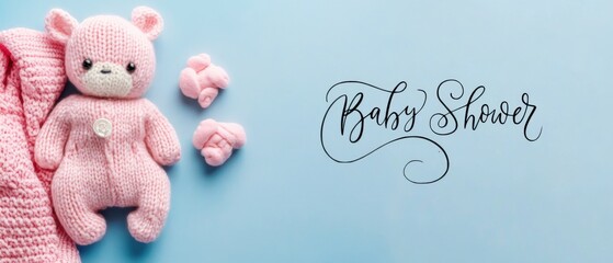 Adorable Pink Knitted Teddy Bear Baby Shower Invitation Card