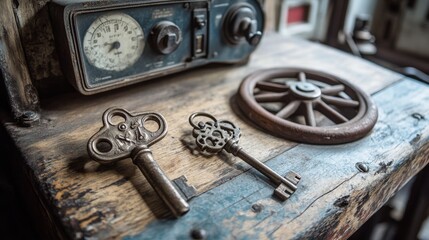 Close-up of vintage keys on a wooden surface next to an antique clock and a wheel, showcasing a minimalistic transport theme