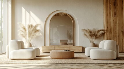 Poster - A minimalistic modern interior featuring curved sofas, a round coffee table, and decorative plants, illuminated by natural light