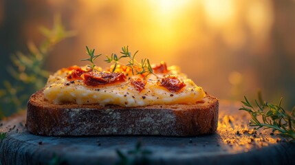 Sticker - A slice of bread topped with cheese and sun-dried tomatoes, garnished with fresh thyme, set against a warm, glowing background