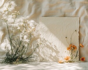 Aufkleber - Handmade Beauty Elegant Floral Card on Linen with Natural Shadows