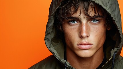 Wall Mural - Close-up portrait of a young man with olive skin and blue eyes wearing a green hooded jacket against an orange background.